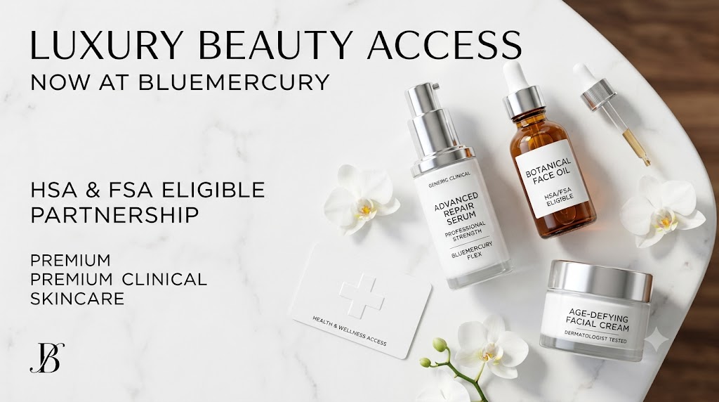Bluemercury store display featuring premium skincare products eligible for HSA and FSA payments