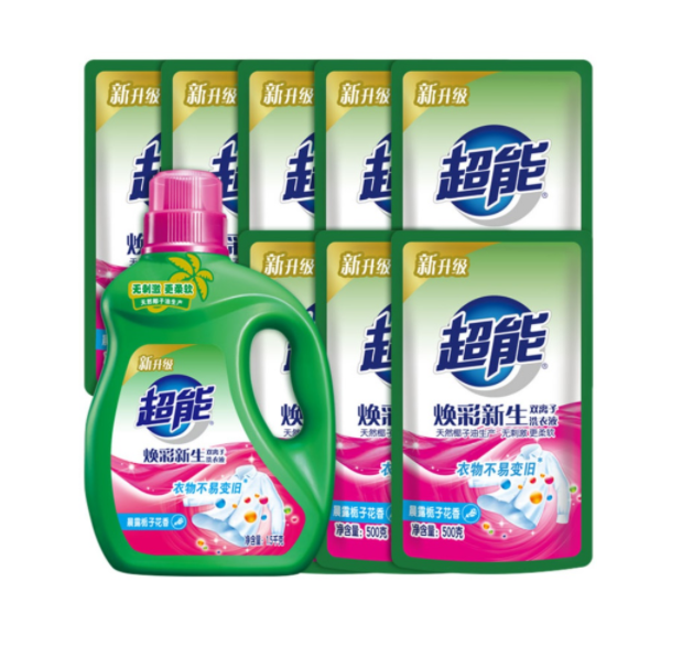 39.9元包邮！超能  双离子洗衣液1瓶8袋（共11斤）