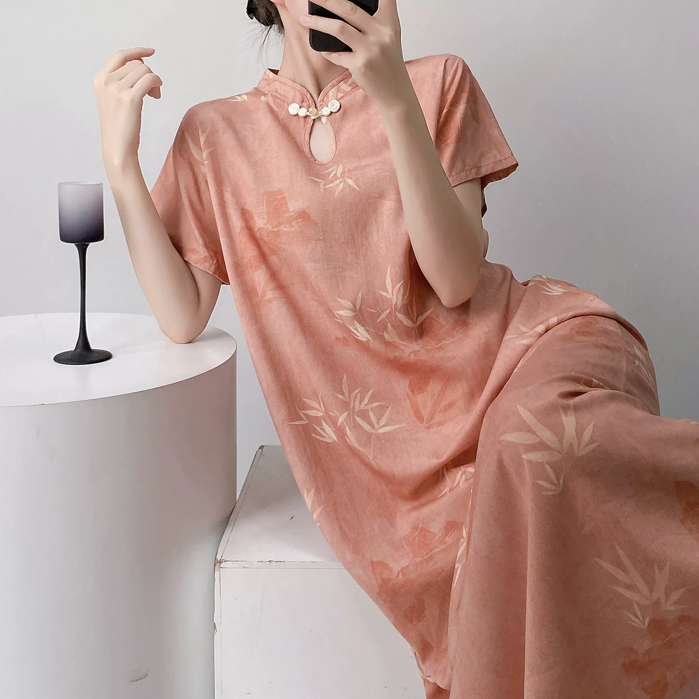 棉绸世家复古中式改良旗袍睡裙2026夏秋绵绸印花文艺家居服连衣裙